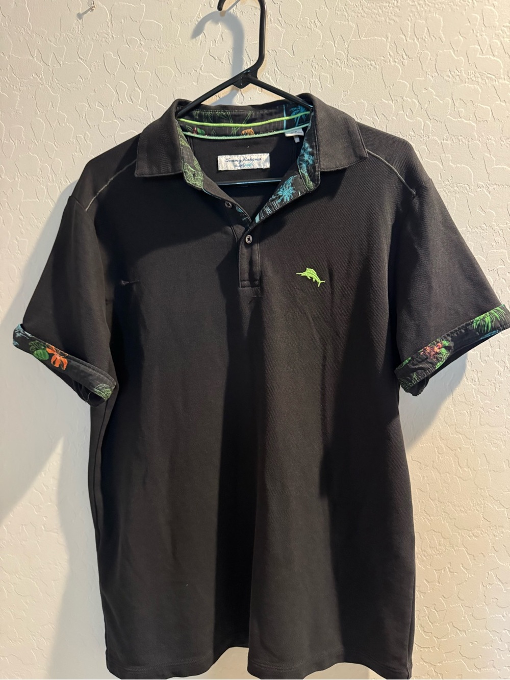 Tommy Bahama Black Polo with Green Marlin Logo and Tropical Trim